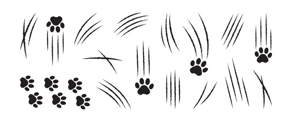 Cat claw scratch, slash vector icon, black paw mark set isolated on white background. Animal simple illustration
