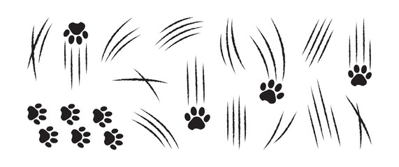 Cat claw scratch, slash vector icon, black paw mark set isolated on white background. Animal simple illustration © Sylfida