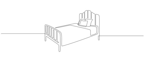 Continuous one line drawing of double bed. Scandinavian stylish furniture for cozy loft bedroom in simple linear style. Editable stroke. Doodle vector illustration