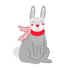 Funny cartoon rabbit in red scarf during Christmas holidays. Vector illustration on a white background 