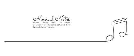 One continuous line drawing of musical note. Minimalist banner and logo of music school in simple linear style. Editable stroke. Doodle vector illustration  © Olga Rai