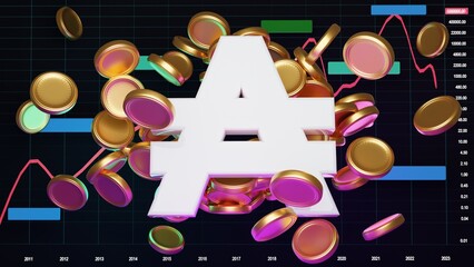 Ada-Symbol mit Münzen auf dunklem Trading-Hintergrund, 3D
