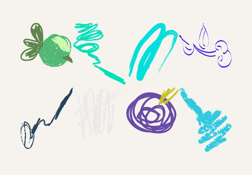 Set of Artistic Hand Drawn Fruits Flowers and Scribbles