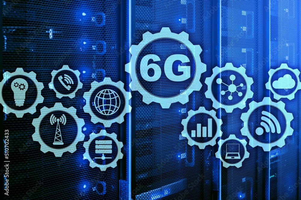 Poster future communications fast technology. 6g network connection concept. high speed mobile wireless tec