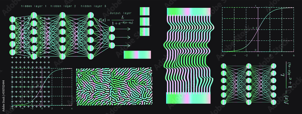 Poster Set of mathematical and neural network related schemes and graphs on a dark background.
