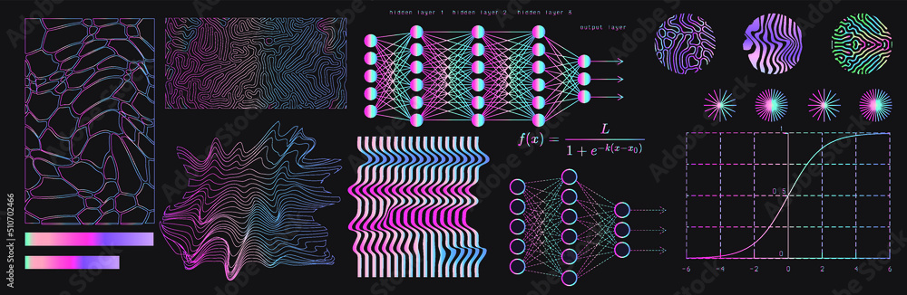 Aufkleber Set of mathematical and neural network related schemes and graphs on a dark background.
