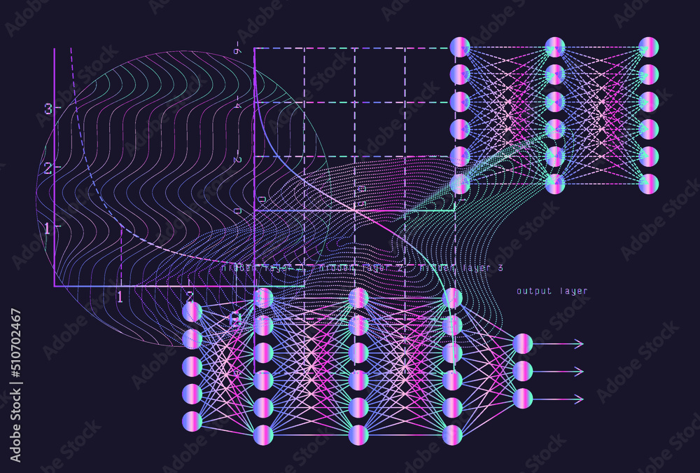 Aufkleber Set of mathematical and neural network related schemes and graphs on a dark background.