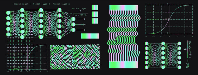 Set of mathematical and neural network related schemes and graphs on a dark background.