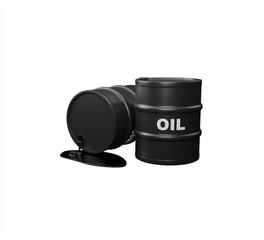 Oil barrels and poured oil isolated white background. 3D render model.