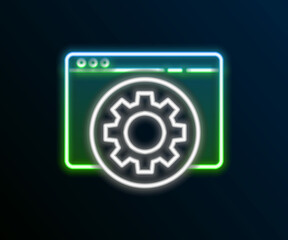 Glowing neon line Browser setting icon isolated on black background. Adjusting, service, maintenance, repair, fixing. Colorful outline concept. Vector