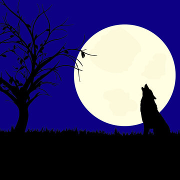 wolf in front of dry tree howling at the full moon
