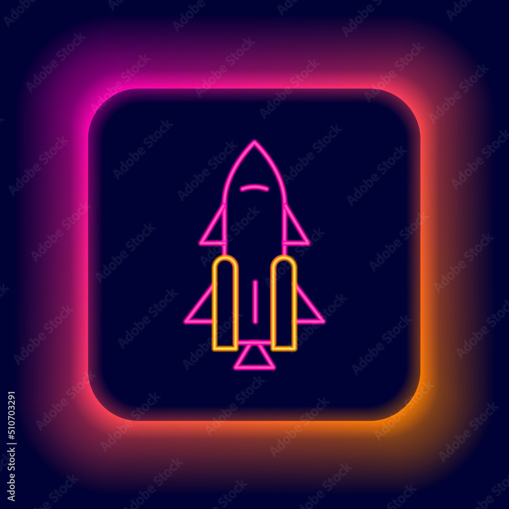 Poster glowing neon line rocket ship with fire icon isolated on black background. space travel. colorful ou