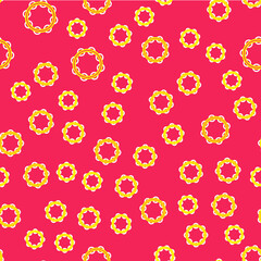 Line Musical instrument percussion tambourine, with metal plates icon isolated seamless pattern on red background. Vector