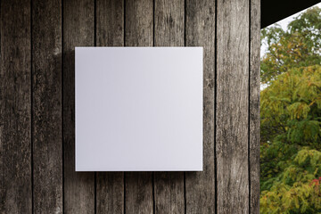 Empty Outdoor Signage Mockup, White Square Signboard On The Wooden Wall