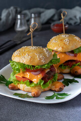 Homemade meat burgers in the shape of a turtle with toast cheese, lettuce and tomato on a white plate. Creative kids fast food