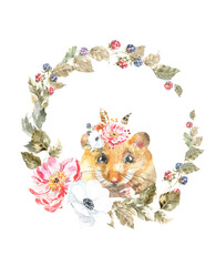 Watercolor woodland animal boho mouse botanical frame isolated cute animal. Nursery woodland illustration. Bohemian boho animals for baby shower invitation, nursery decor, print, greeting card diy
