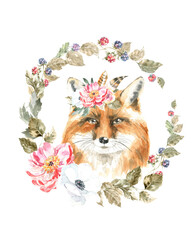 Watercolor woodland animal boho fox botanical frame isolated cute animal. Nursery woodland illustration wreath. Bohemian animals for baby shower invitation, nursery decor, print, greeting card diy