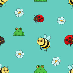 Summer Seamless Pattern for Kids, Children's Vector Illustration with ladybug, frog, bee and flowers