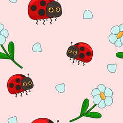 Summer Seamless Pattern for Kids, Children's Vector Illustration with Ladybug and Flowers