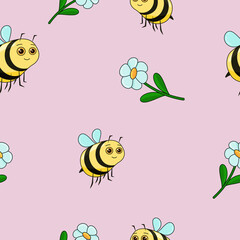 Summer Seamless Pattern for Kids, Children's Vector Illustration with Bees and Flowers