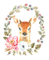 Watercolor woodland animal boho deer botanical frame isolated cute animal. Nursery woodland illustration wreath. Bohemian animals for baby shower invitation, nursery decor, print, greeting card diy