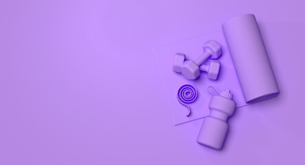 Fitness gym concept, gym dumbbell, fitness mat, bottle and measuring tape on violet background, muscle exercise, bodybuilding or fitness concept purple violet one color flat lay, 3D rendering