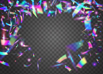 Glitch Confetti. Glitter Foil. Disco Flare. Laser Celebrate Decoration. Digital Art. Rainbow Background. Transparent Effect. Pink Shiny Sparkles. Violet Glitch Confetti
