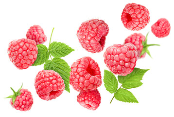 falling raspberry and leaves on isolated on white background