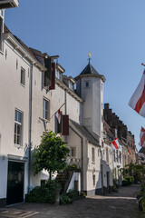 Architectural fragments of the former Gastuis Sint-Elizabeth (1577). Sint-Elisabeth Gasthuis is one of the city's most picturesque wall houses with a high stair tower. Amersfoort, the Netherlands.