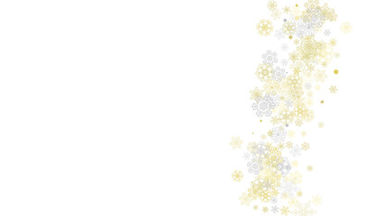 Gold snowflakes frame on black background. New year theme. Horizontal shiny Christmas frame for holiday banner, card, sale, special offer. Falling snow with gold snowflake and glitter for party invite
