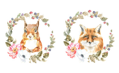 Watercolor woodland animal boho squirrel, fox botanical frame isolated cute animal. Nursery woodland illustration. Bohemian animals for baby shower invitation, nursery decor, print, greeting card diy