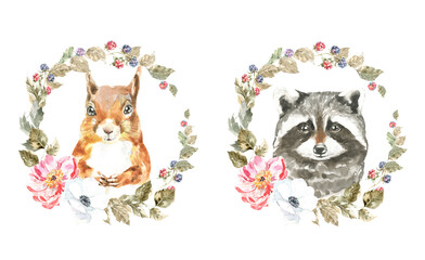 Watercolor woodland animal boho squirrel,racoon botanical frame isolated cute animal. Nursery woodland illustration. Bohemian animal for baby shower invitation, nursery decor, print, greeting card diy