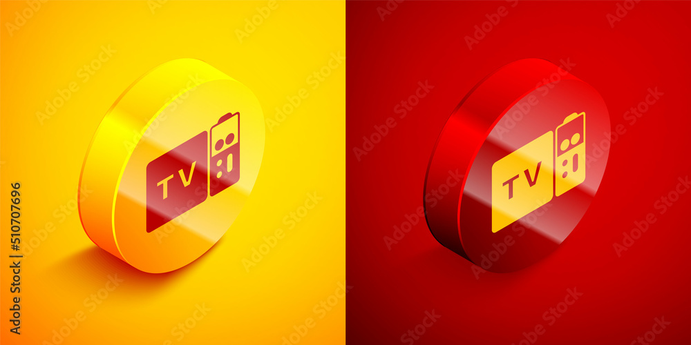 Poster Isometric Multimedia and TV box receiver and player with remote controller icon isolated on orange and red background. Circle button. Vector