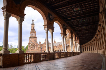 Plaza de España, in Seville during the day with the golden light hour..
