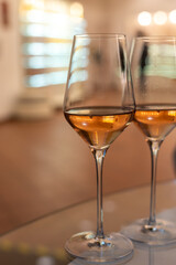 Tasting of brut champagne sparkling wine produced by traditional method in underground caves