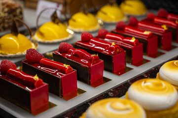 Austrian desserts, different types of chocolate and fruit cakes in traditional bakery cafe in Vienna.