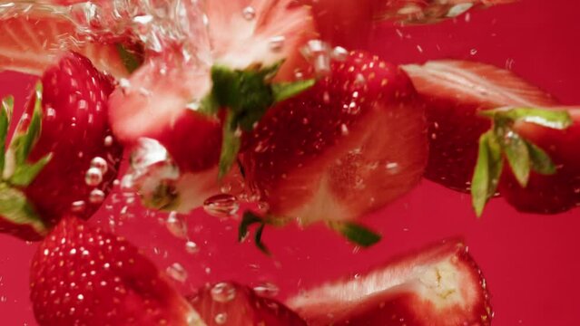 Cooking strawberry sweet cocktail, cold lemonade with red berries, carbonated water with floating fruits.