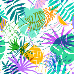 Vector seamless pattern with floral hand drawn elements. Bright color tropical background. Summer party backdrop.