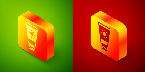 Isometric Sunscreen cream in tube icon isolated on green and red background. Protection for the skin from solar ultraviolet light. Square button. Vector