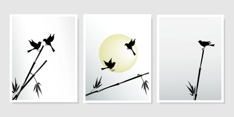 Birds, reeds and the sun isolated on light grey background. Vector silhouette wall art drawings set for wall design, wallpapers, poster, covers, other. - obrazy, fototapety, plakaty