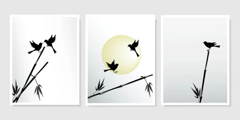 Foto op Canvas Birds, reeds and the sun isolated on light grey background. Vector silhouette wall art drawings set for wall design, wallpapers, poster, covers, other. © steadb