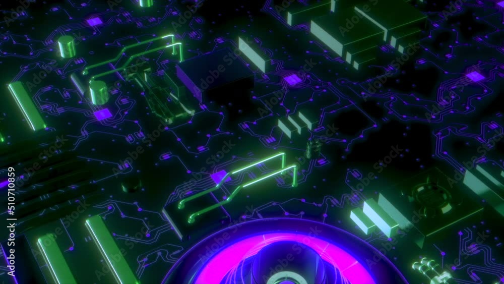 Poster computer system with neon details. motion. futuristic computer technology in details of chip. neon l