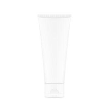 Blank plastic tube mockup for cosmetics with cap. Front view. Vector illustration isolated on white background. Can be use for your design, advertising, promo and etc. Symmetrical lighting scheme.