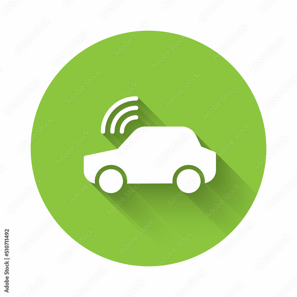 Poster white smart car system with wireless connection icon isolated with long shadow background. remote ca