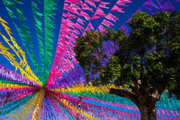 bandeirinhas coloridas decorativas de festa junina no brasil - obrazy, fototapety, plakaty