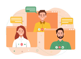 Communication via Internet. Video conference or call, men and girls communicate in social networks. Friends and colleagues, remote employees in meeting, brainstorming. Cartoon flat vector illustration