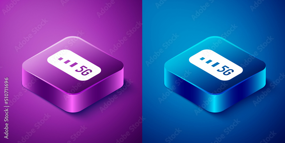 Poster Isometric 5G new wireless internet wifi connection icon isolated on blue and purple background. Global network high speed connection data rate technology. Square button. Vector