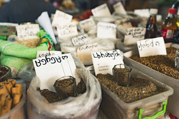 closeup view of loose spices and georgian names on them, Kutaisi, Georgia. High quality photo
