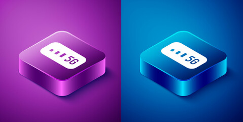 Isometric 5G new wireless internet wifi connection icon isolated on blue and purple background. Global network high speed connection data rate technology. Square button. Vector