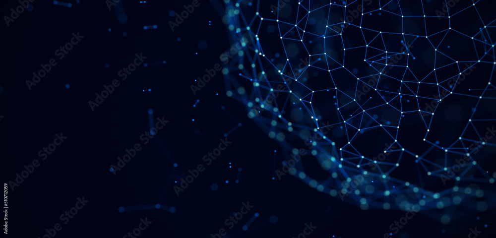 Poster Futuristic technology background with wireframe sphere. Clobal digital network connections. Sphere with connected dots and lines. Concept of world science and technology. 3d rendering.